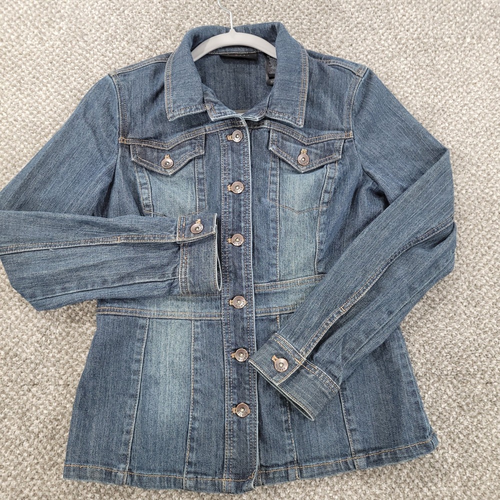 Axcess Blue Denim Jacket Womens Small Stretch Button Front Medium Wash Jean Coat